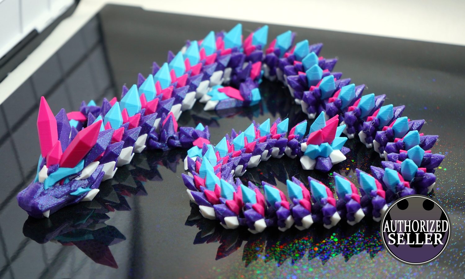 Aurora crystal dragon — coiled, print-in-place, Melbourne made