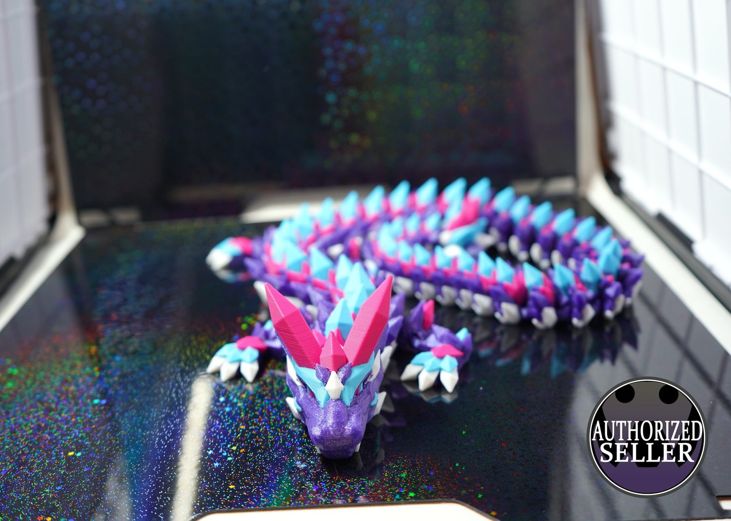 Aurora crystal dragon — front view, 3D printed in Melbourne